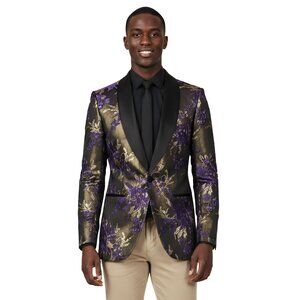 Empire™ Series Mens Blazer Hybrid-Fit Floral, Shawl Collar, Purple & Gold, SMALL
